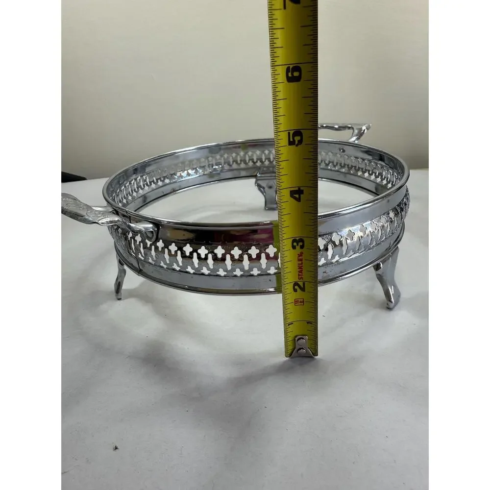 Vintage Silver Plate Chafing Dish Stand, Pierced Trellis Band, Scroll Handles